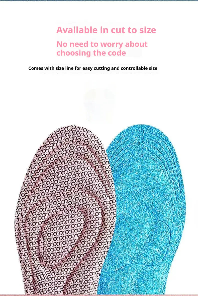 customizable antibacterial massage insoles shock absorbing arch support featuring one insert with a pinkish hue and hexagonal pattern and another in vibrant blue.