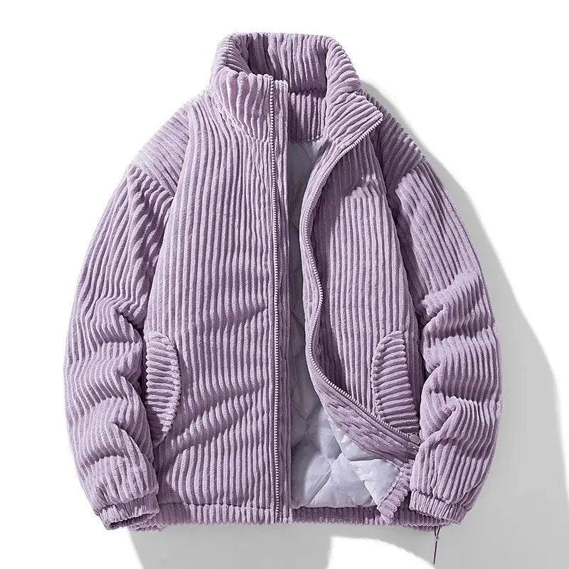 Lavender corduroy puffer jacket for couples with high collar and quilted interior for added warmth and style.