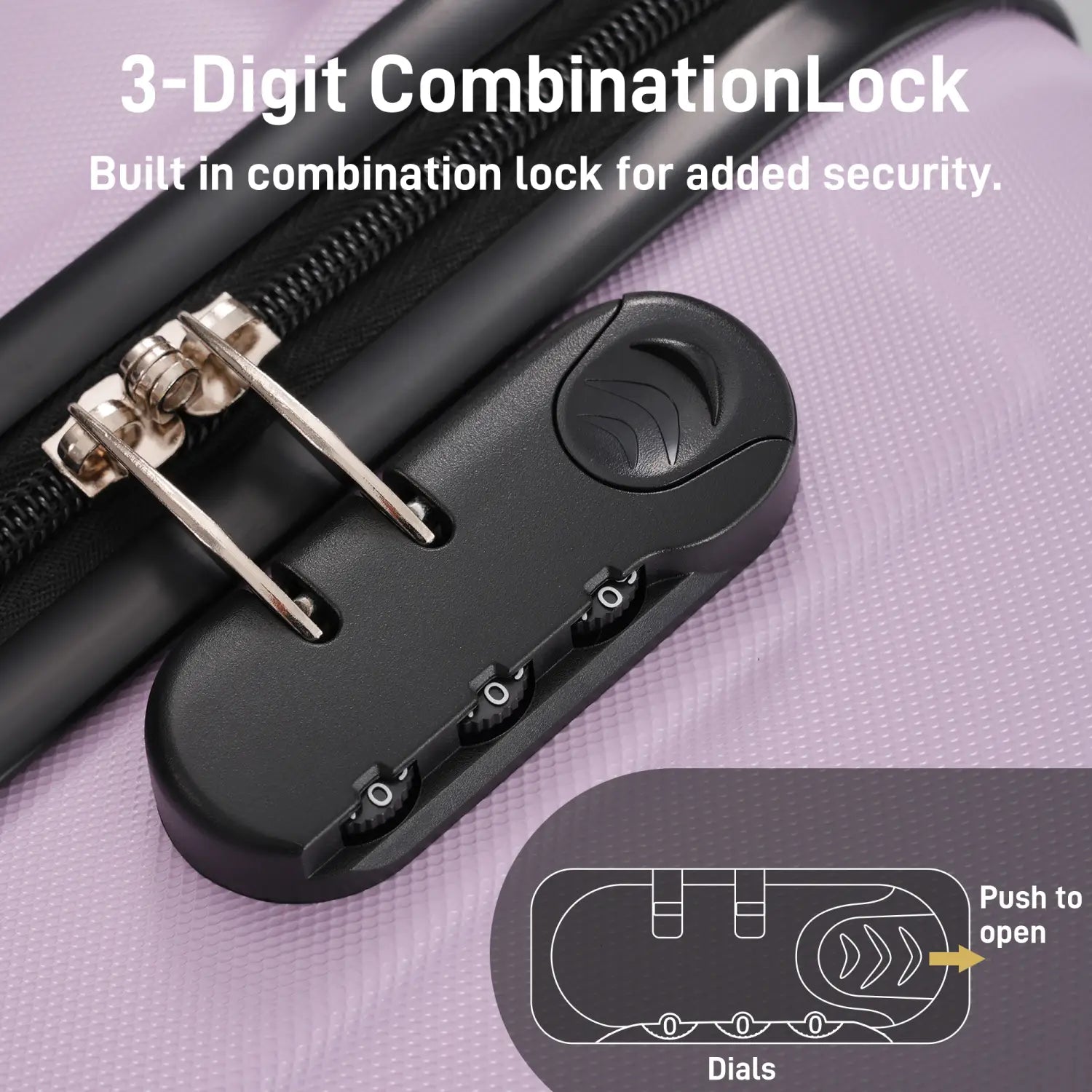 black 3-digit combination lock with metallic dials and push-to-open mechanism on lavender 6 piece hardshell luggage set with spinner wheels