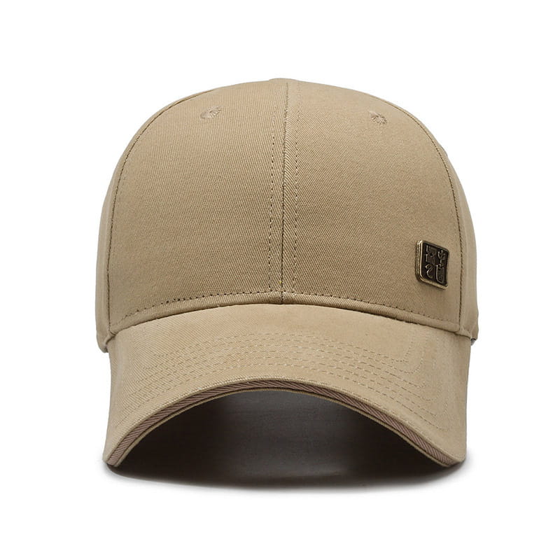 Beige cotton men’s outdoor baseball cap with small black embroidered logo designed for sun protection.