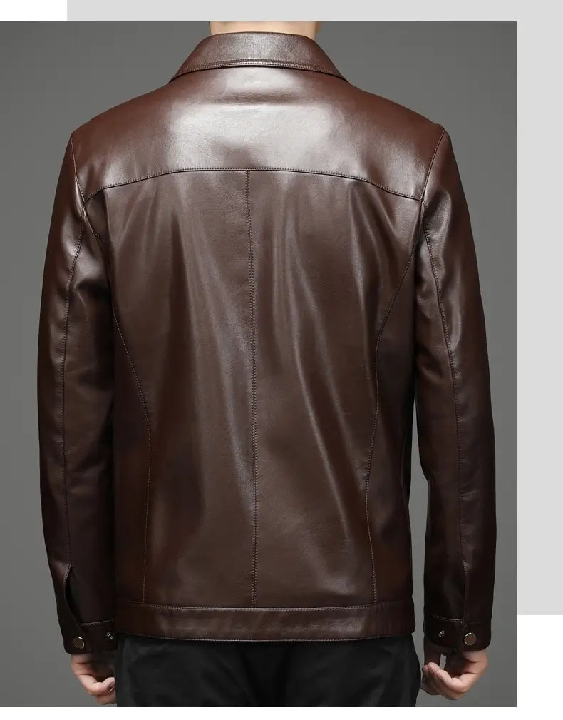 Men’s sheepskin leather jacket in rich brown with a smooth glossy finish classic stitching and thin fleece lining.