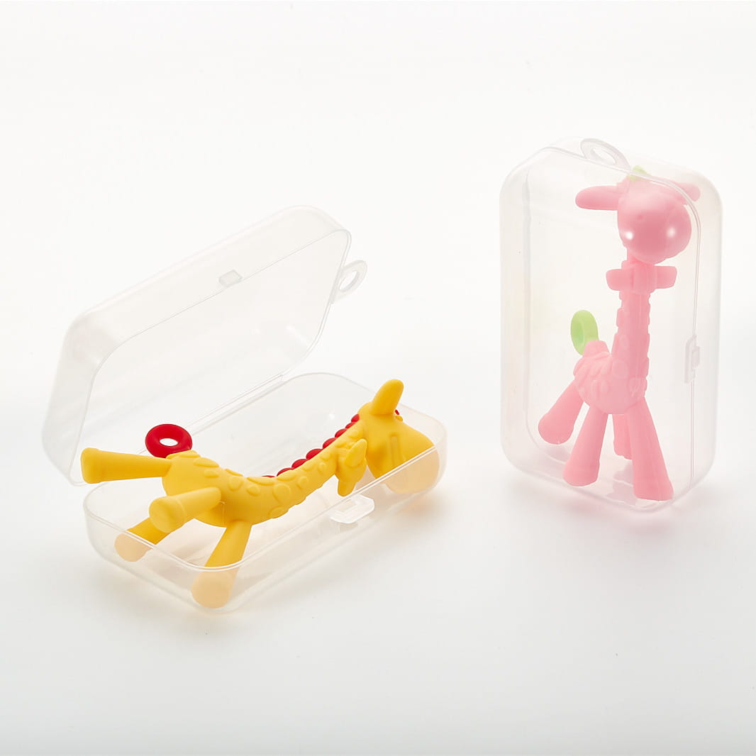 yellow and pink silicone giraffe baby teether molar toys for gums displayed in clear plastic cases