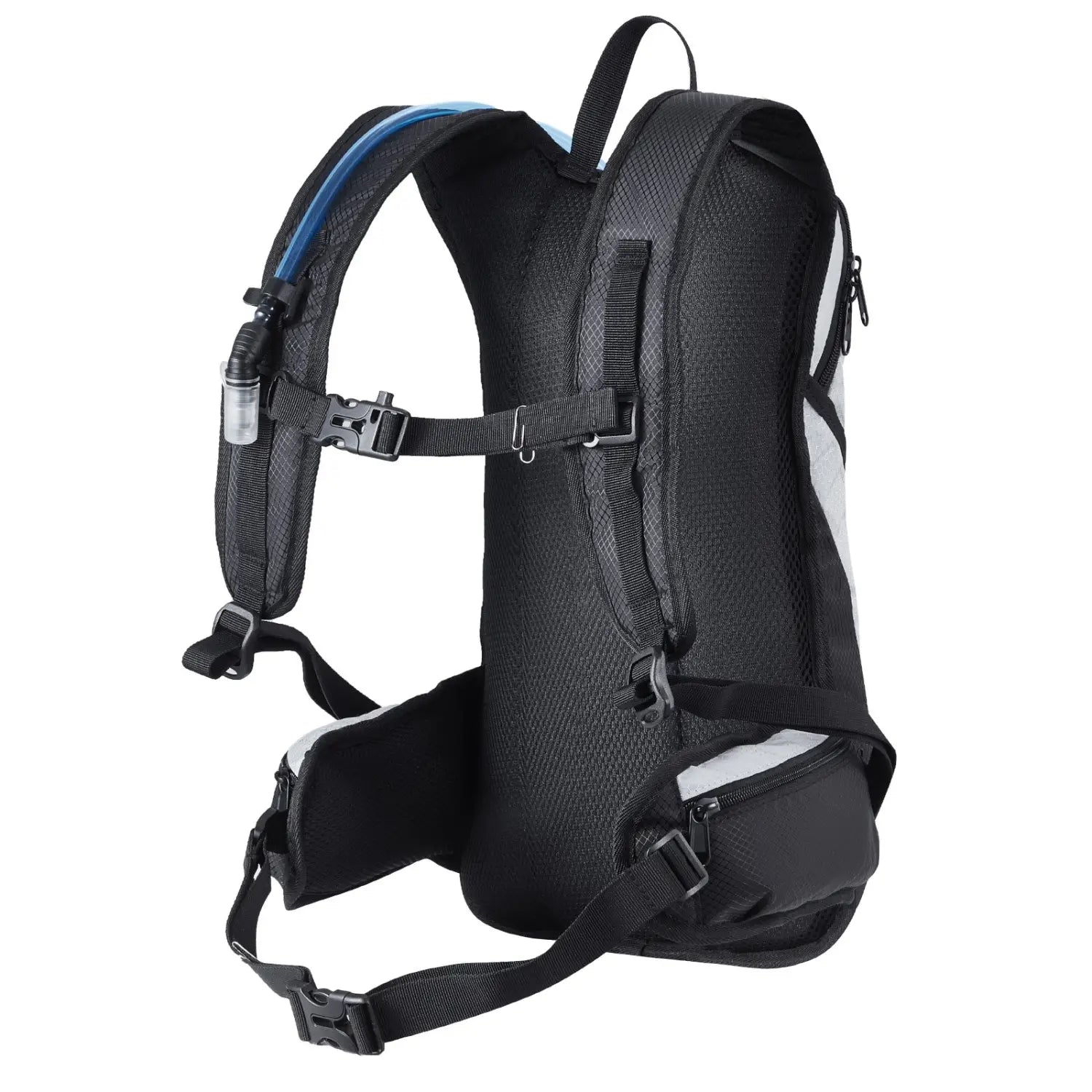 Black mesh Vevor 15l insulated hydration backpack with 3l blue water bladder tube and reflective white stripes shown from the back side.