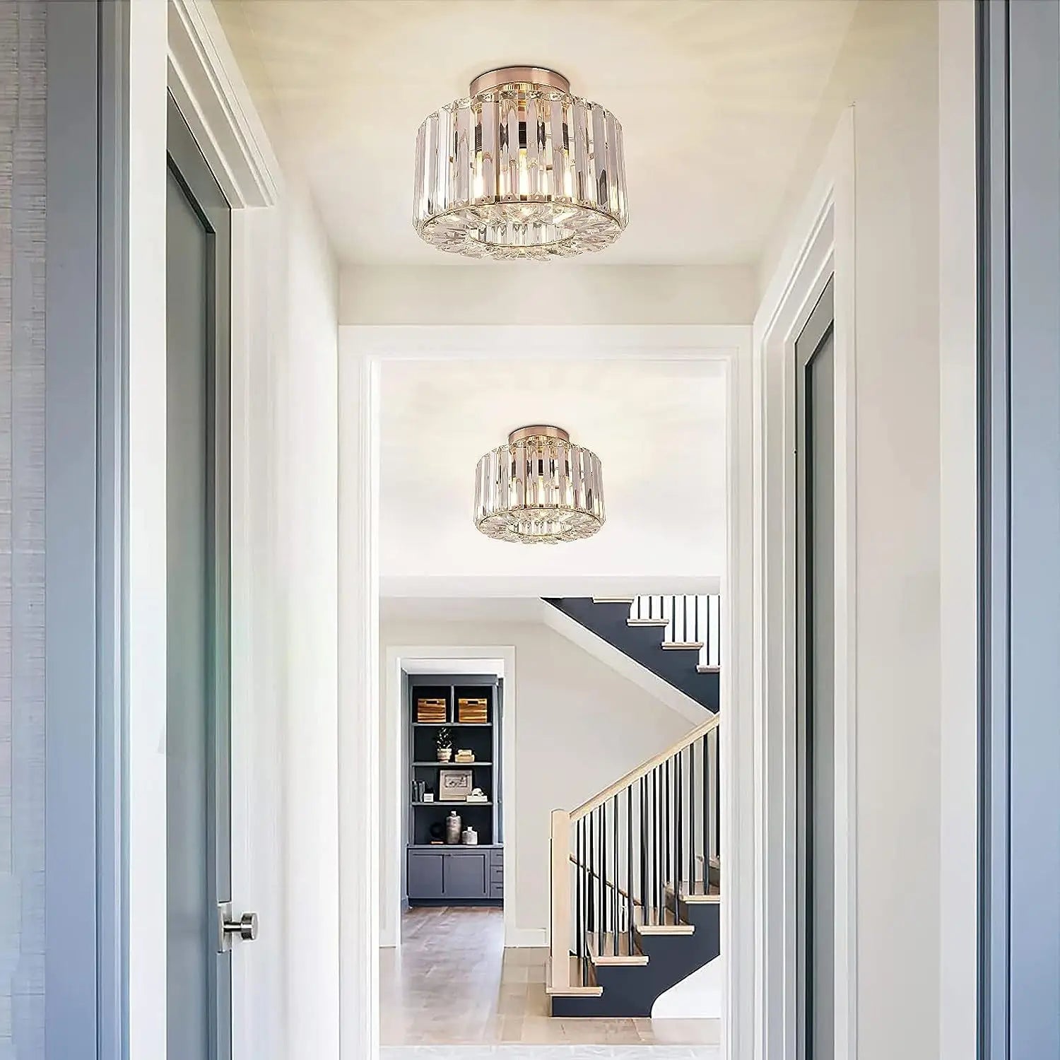 Crystal flush mount ceiling light rose gold chandelier featuring a brushed brass finish and vertical crystal prisms.