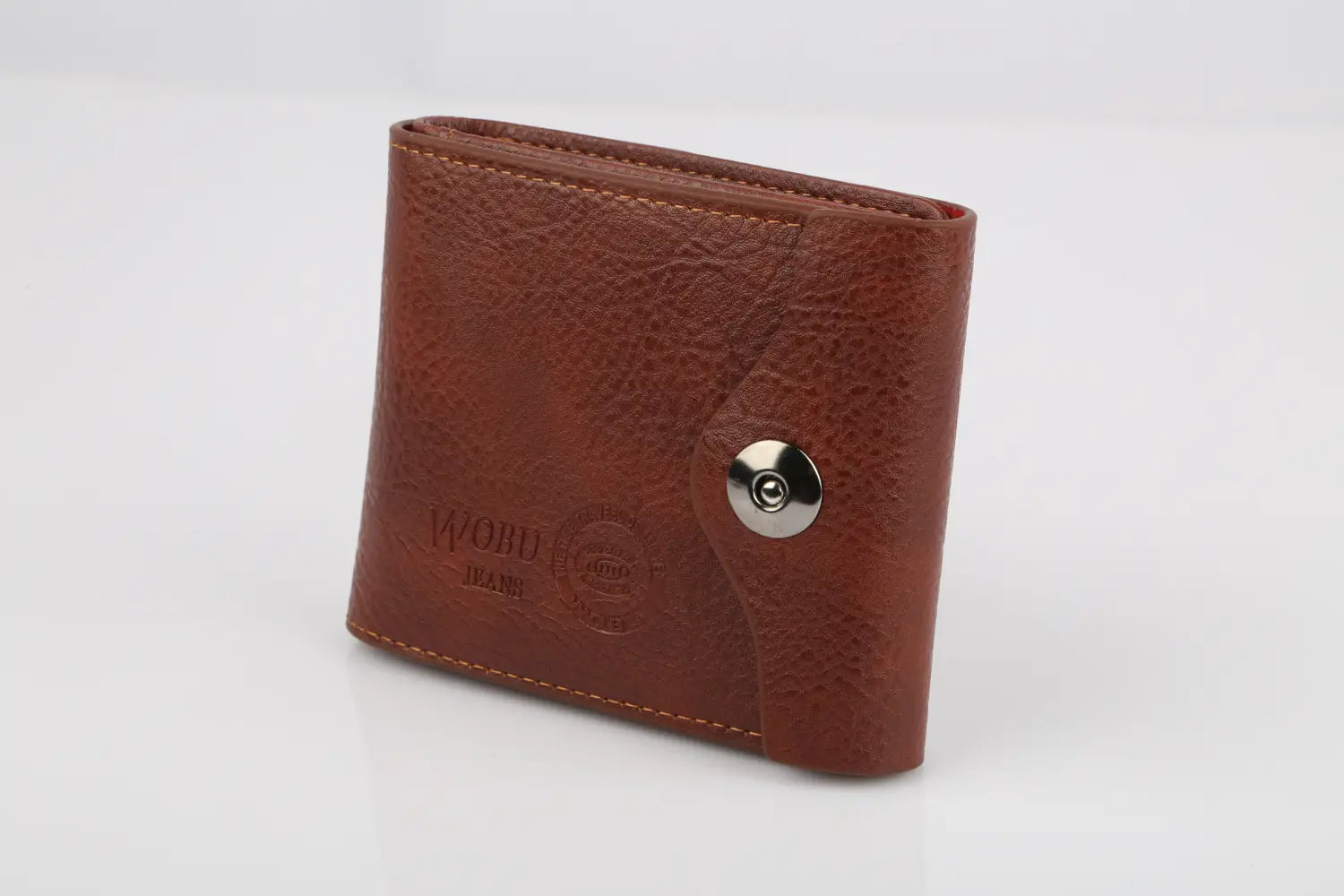 Men’s slim RFID blocking brown PU leather bifold wallet with embossed branding and silver snap button closure showing the front side.