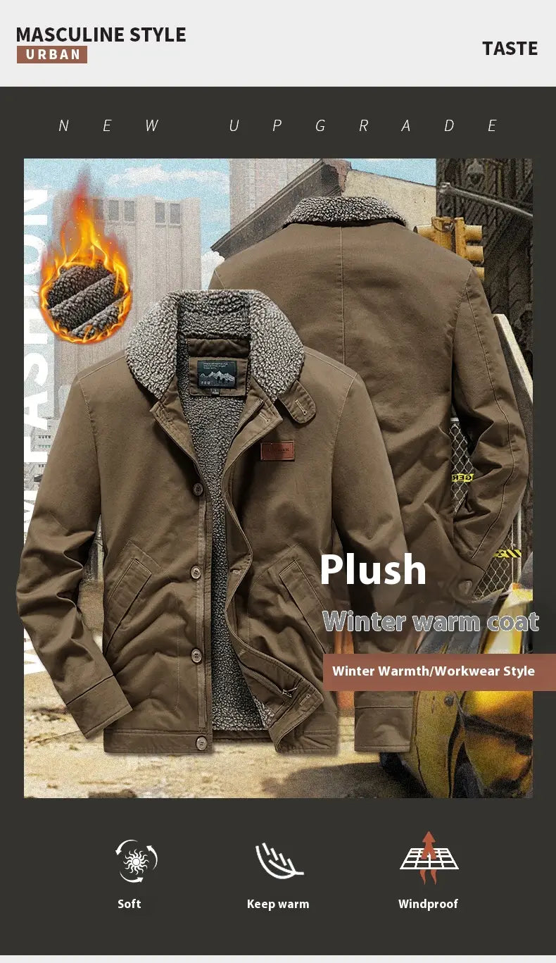 brown plush mens fleece lined winter cotton jacket with fleece-lined collar and front button closure suitable for cold weather