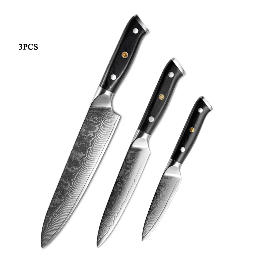 Set aus drei Küchenmessern mit schwarzen G10-Griffen und Klingen aus Damaststahl mit einem charakteristischen wellenförmigen Muster, Teil des Damaststahl-Küchenmesserset 4-teilig, G10-Griff.