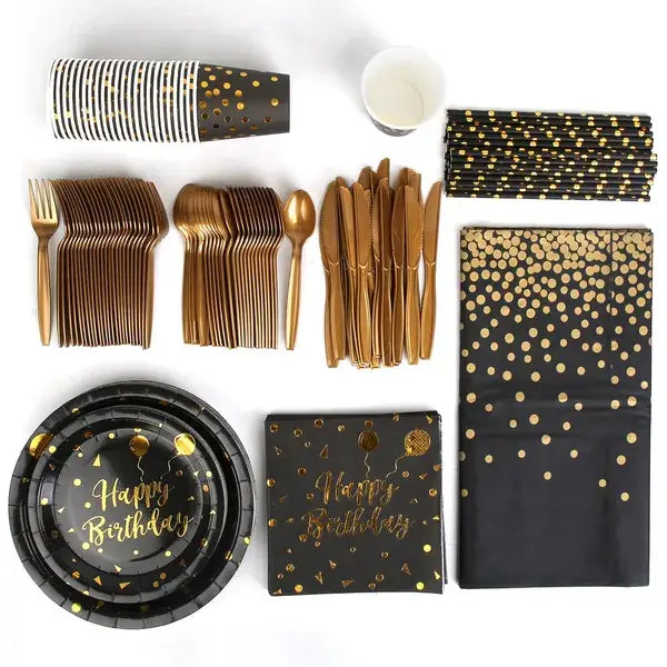 Black gold birthday party supplies set for 25 guests featuring black and gold confetti-themed partyware with metallic gold foil accents.