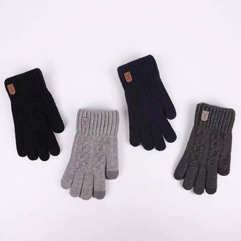 Men’s touchscreen winter knitted gloves in black navy blue and gray with ribbed cuffs and small leather patches on the wrist.