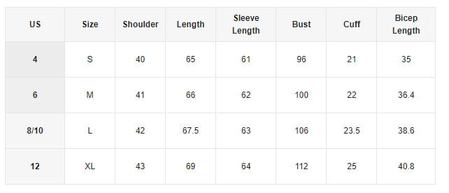 Size chart in inches for us sizes 4 to 12 of a women’s marble print satin long sleeve button blouse.