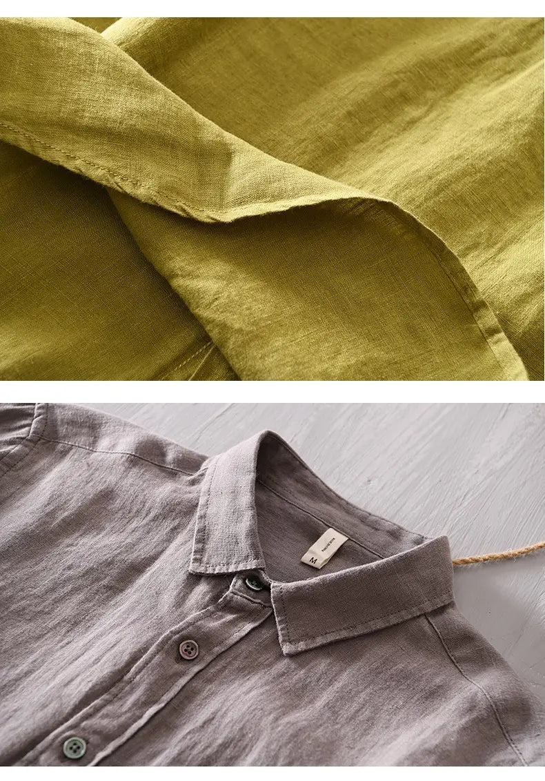 Ein weiches olivgrünes Herren-Cotton-Linen-Freizeithemd mit langen Ärmeln mit klassischem Kragen und Knopfverschluss-Design.