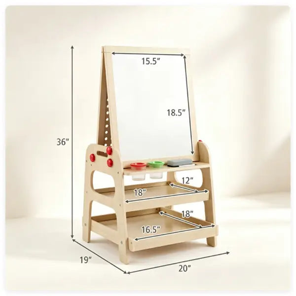 Light-colored wooden art easel with white chalkboard surface and built-in storage shelves holding colorful paint cups for children.
