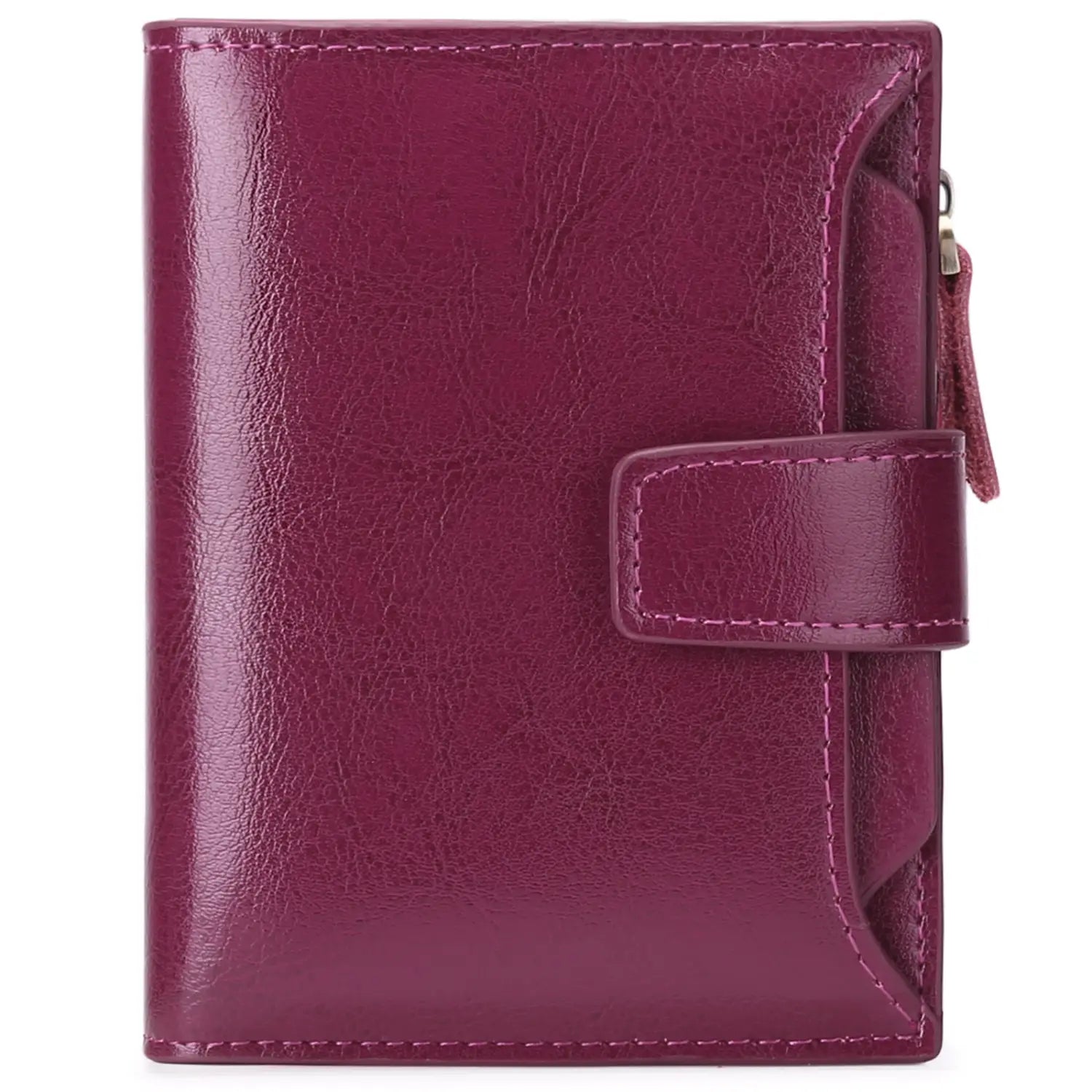 A sleek deep burgundy leather RFID wallet with a flap closure zipper on the side and anti theft feature.