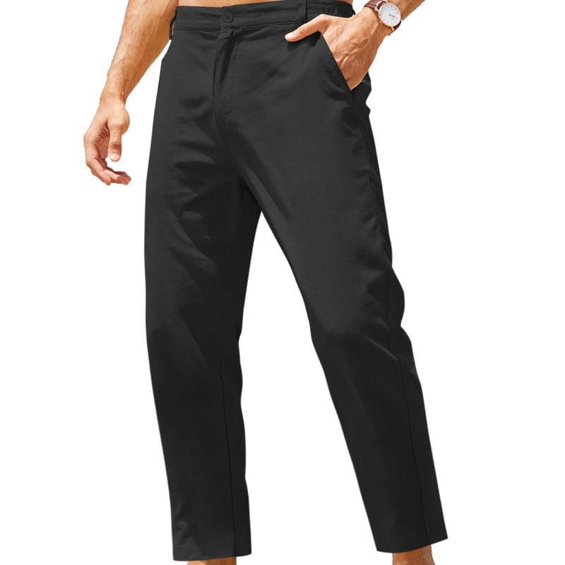 Schwarze Herren-Twill-/Leinen-Hosen mit geradem Bein aus Baumwolle und Leinen mit hohem Stretchanteil; sie zeichnen sich durch einen eleganten, modernen Schnitt und dezente Falten für den legeren Einsatz aus.
