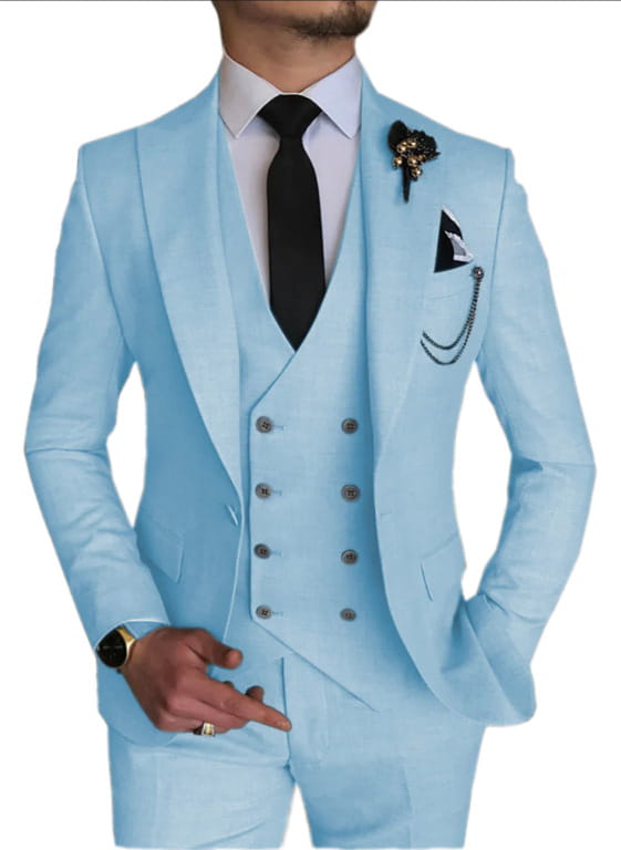Light blue men slim fit three piece suit featuring a double-breasted vest and matching trousers made from high-quality material.