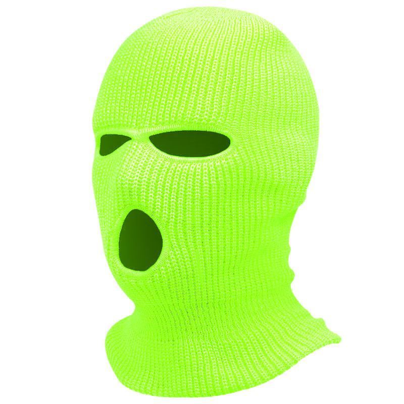 Bonnet cagoule tricoté vert néon vif, avec des ouvertures pour les yeux et la bouche, conçu comme un masque chaud pour le cyclisme.