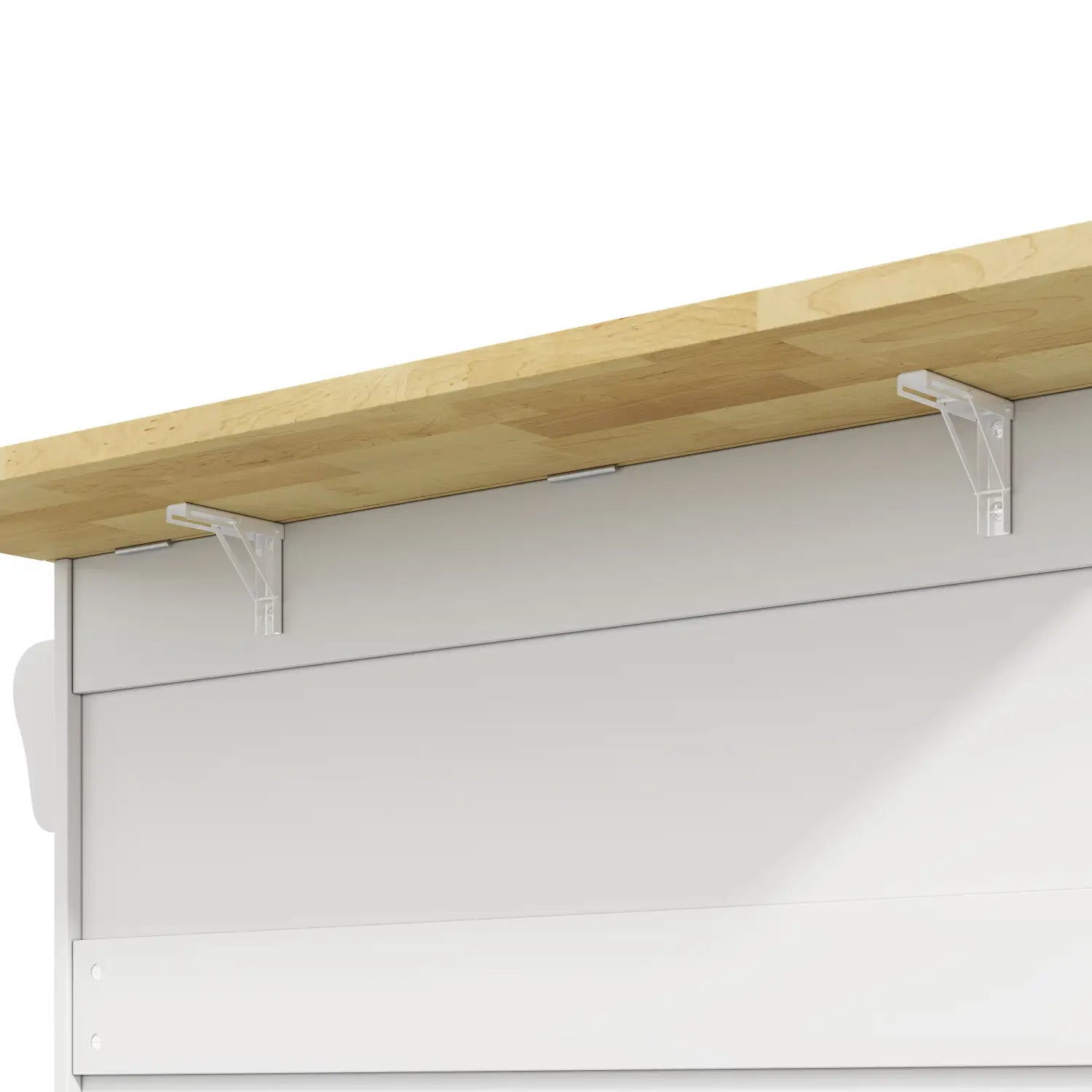 Clear acrylic shelf brackets supporting a light wood countertop on a mobile kitchen island with foldable worktop and wheels.