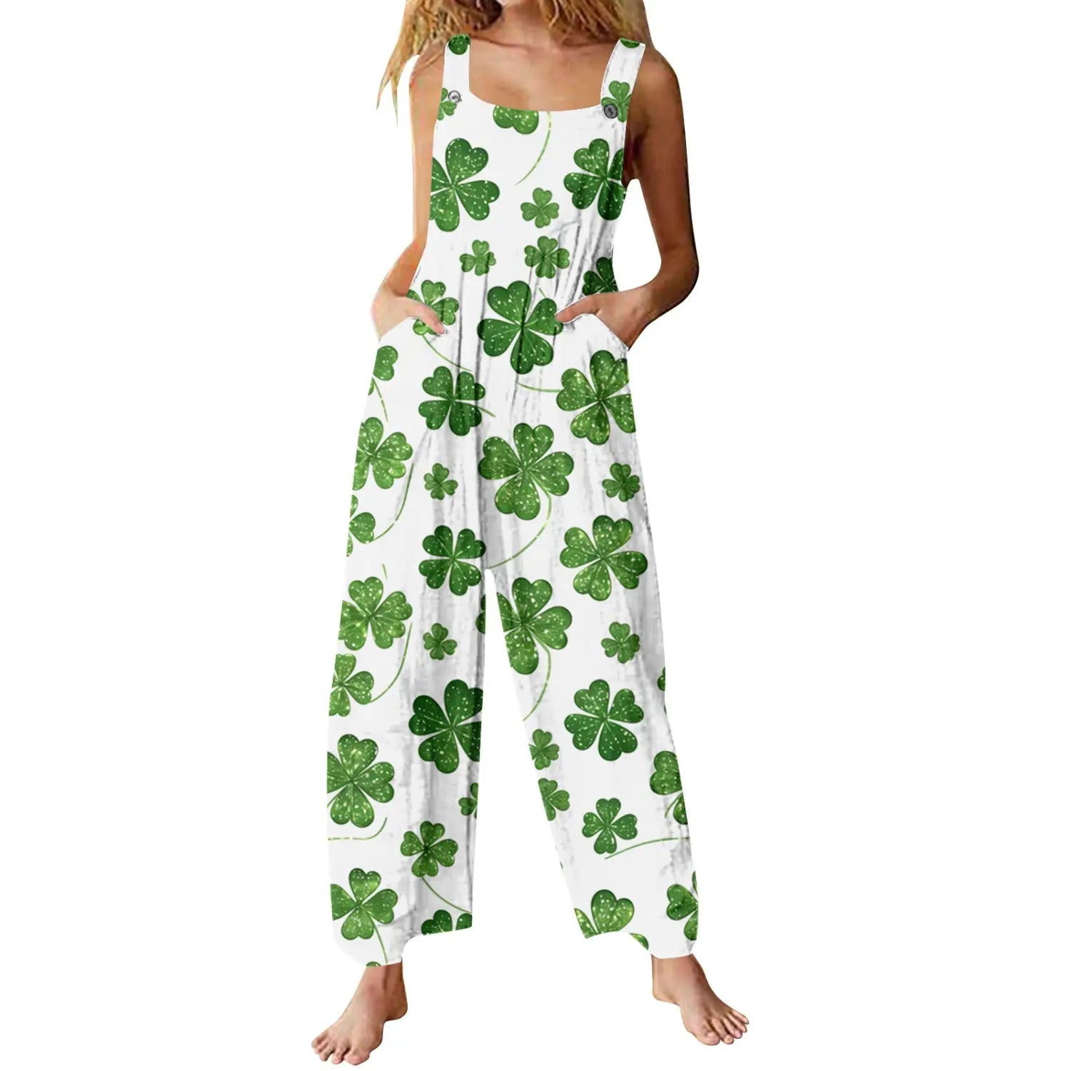 white jumpsuit featuring green four-leaf clover pattern with 3d printed buttons designed as casual suspender pants.