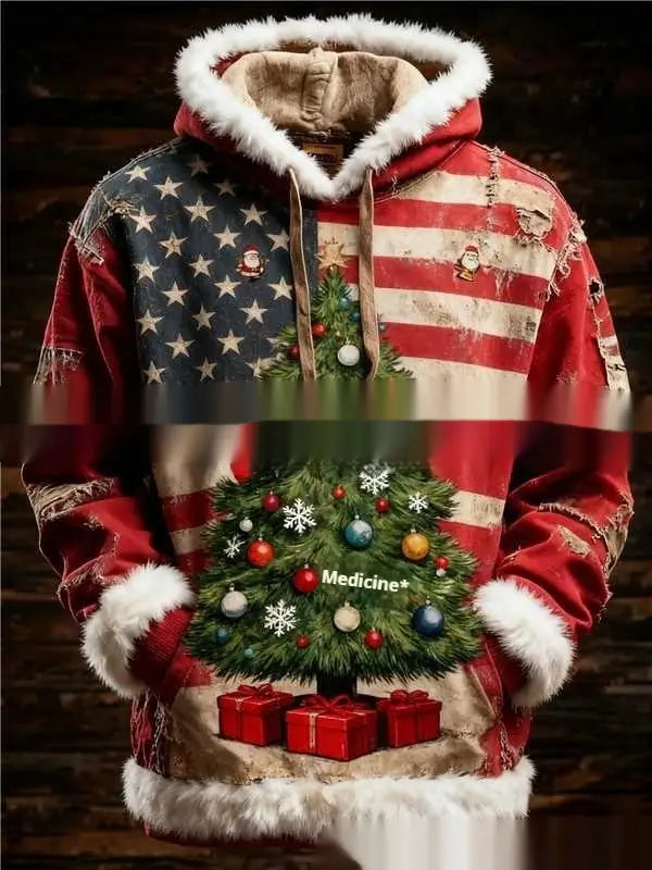 Sudadera de Santa Claus con ribete de piel sintética, con estampado de bandera estadounidense roja y azul, un diseño de árbol de Navidad impreso en 3D y ribete de piel blanca en la capucha y las bocamangas.