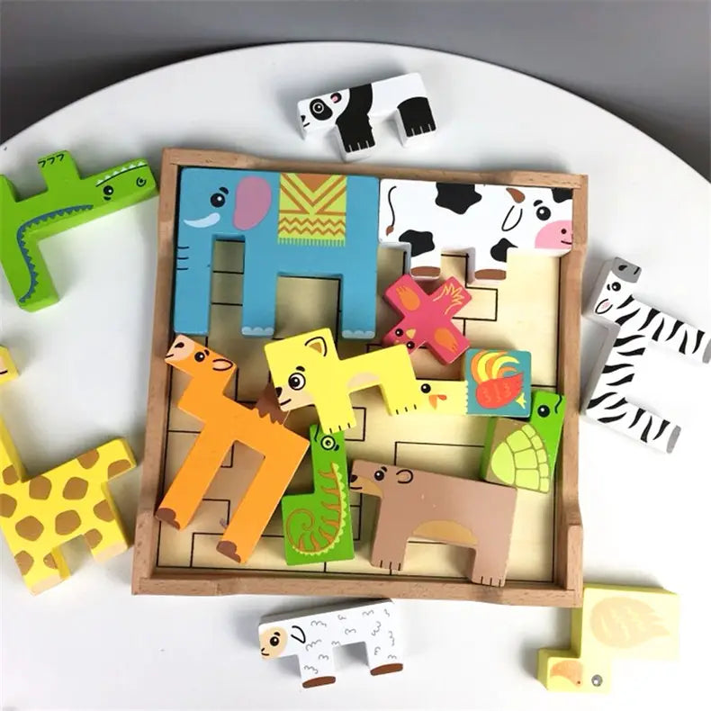 Colorful wooden animal puzzle maze stacking blocks toy featuring painted cartoon animals in a natural wood frame.