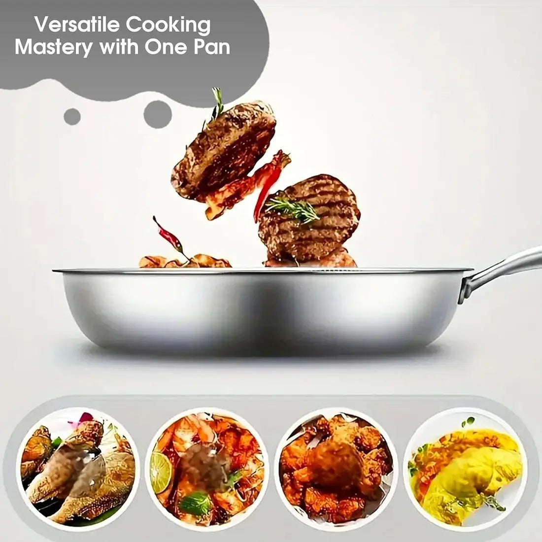 Shiny stainless steel 30cm hex non stick induction frying pan with a sleek modern one-pan design.