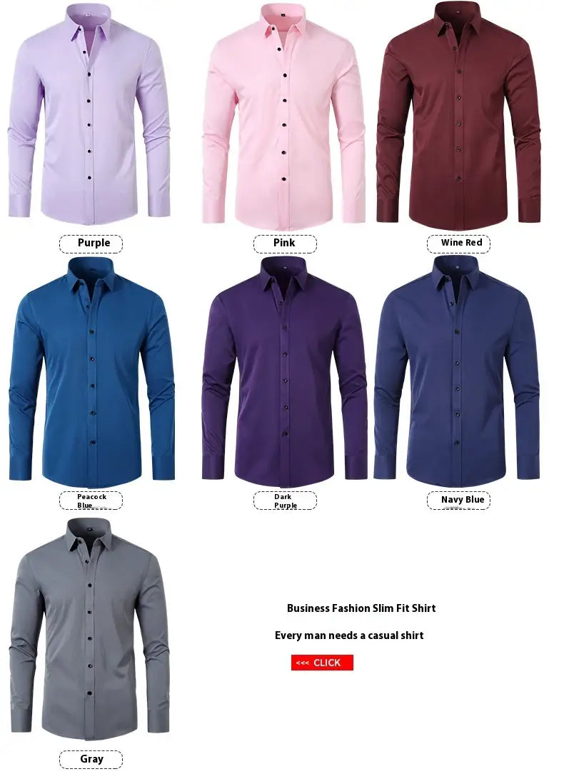 Eine Kollektion aus sechs Herren Slim-Fit Business-Kleidhemden mit langem Arm in einfarbigen Farben Violett, Pink, Weinrot, Pfauenblau, Dunkelviolett, Navyblau und Grau.