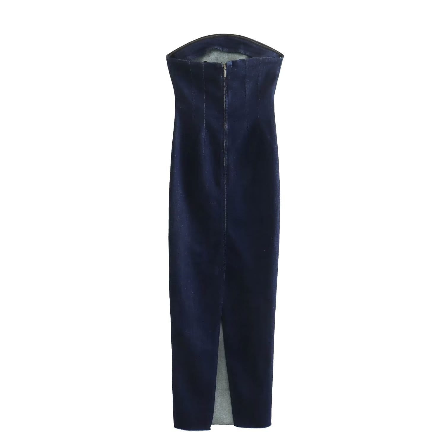 A sleek navy blue velvet maxi dress with a high neckline and front zipper closure.