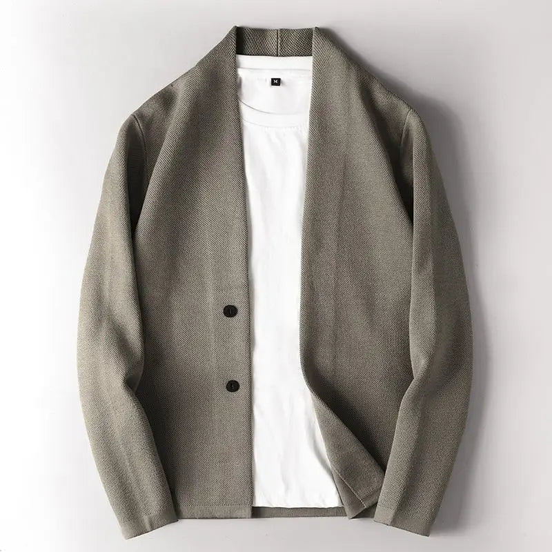 Men slim fit knit cardigan sweater in olive green with a sleek textured knit, modern open-front design, and two dark buttons.
