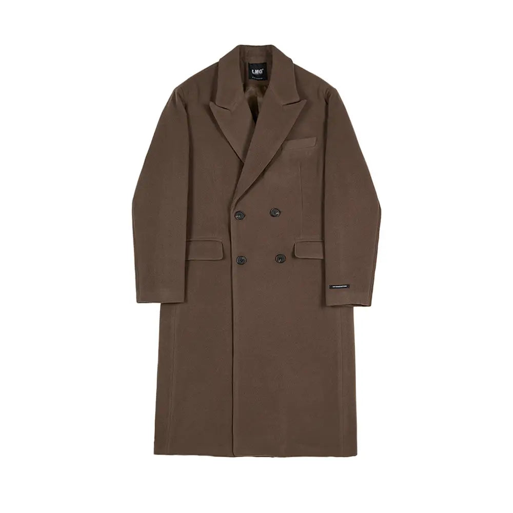 A sleek chocolate-brown men wool overcoat double breasted winter jacket with a structured collar and matching buttons.