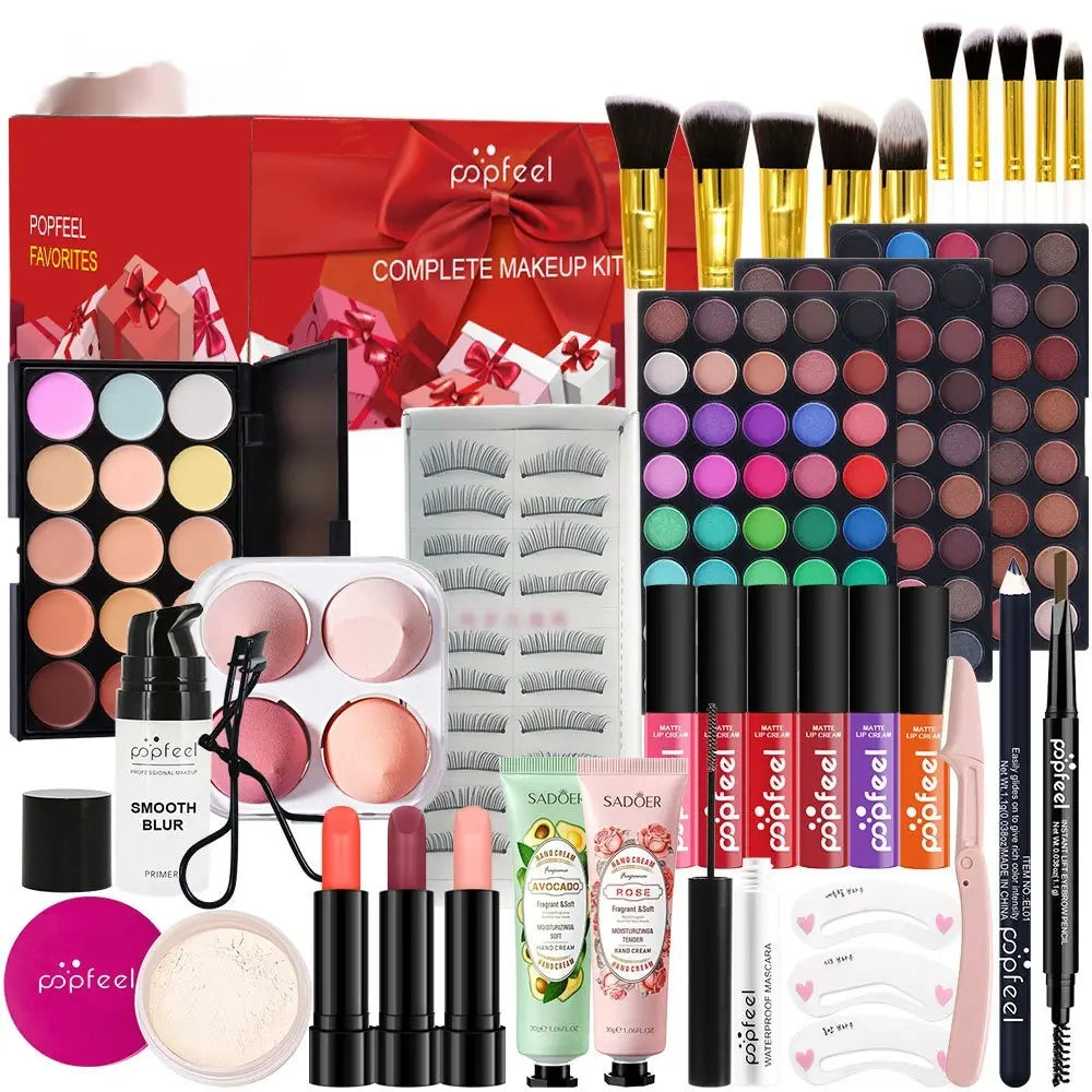 a vibrant red popfeel festive gift-box makeup set featuring gold accents with 27 pcs including multiple eyeshadow palettes, brushes, false lashes, lip products, primers, and other cosmetics arranged neatly
