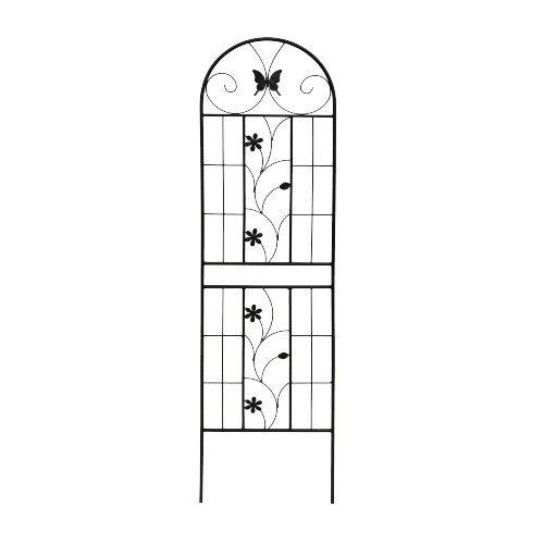 Black and white wrought iron garden gate with ornate floral and scrollwork design featured in a metal garden trellis 2 pack rustproof butterfly iron 71in.