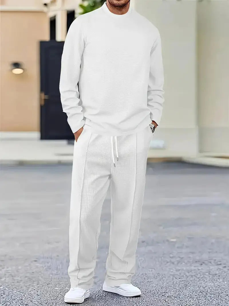 white textured knit sweatshirt with ribbed cuffs and waistband from mens minimalist solid color sweatshirt jogger set