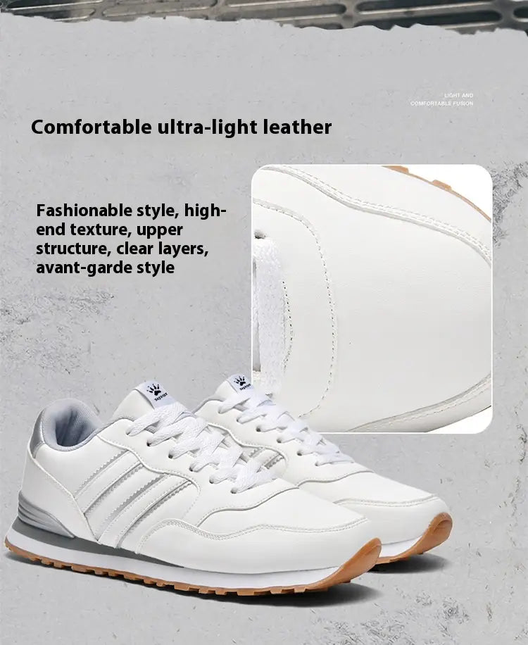 Baskets de sport rétro en cuir blanc, pour la course, style décontracté, avec des bandes argentées et une semelle de couleur gomme, conçues à partir d’un cuir ultra-léger et confortable.