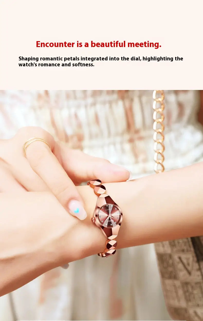 Luxe geometric faceted bracelet watch in rose gold tone with a delicate petal-shaped dial and matching chain-link bracelet featuring diamond accents.