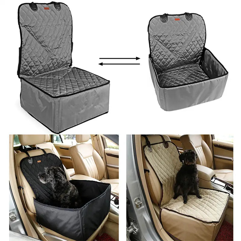 Gray quilted convertible pet car seat cover with black trim and adjustable straps designed as a waterproof foldable carrier for dogs.