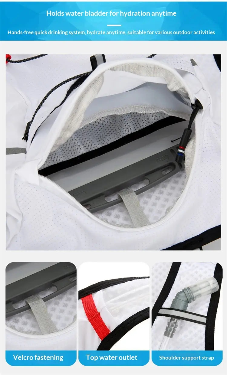 White mesh hydration backpack with black straps and gray water bladder compartment designed as a lightweight running vest with 20l capacity shown from the back side.