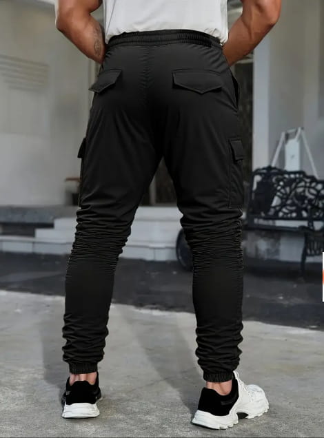 Men’s slim fit cropped black cargo joggers with ribbed cuffs multiple pockets and drawstring waist