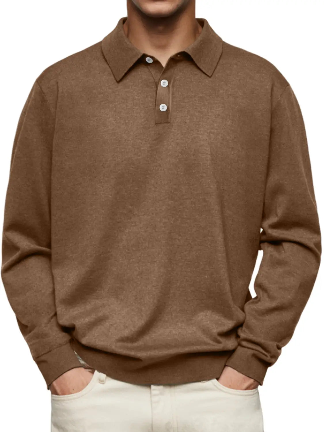 A brown long-sleeved polo shirt for men featuring a classic collar and three white buttons in a soft cotton material.