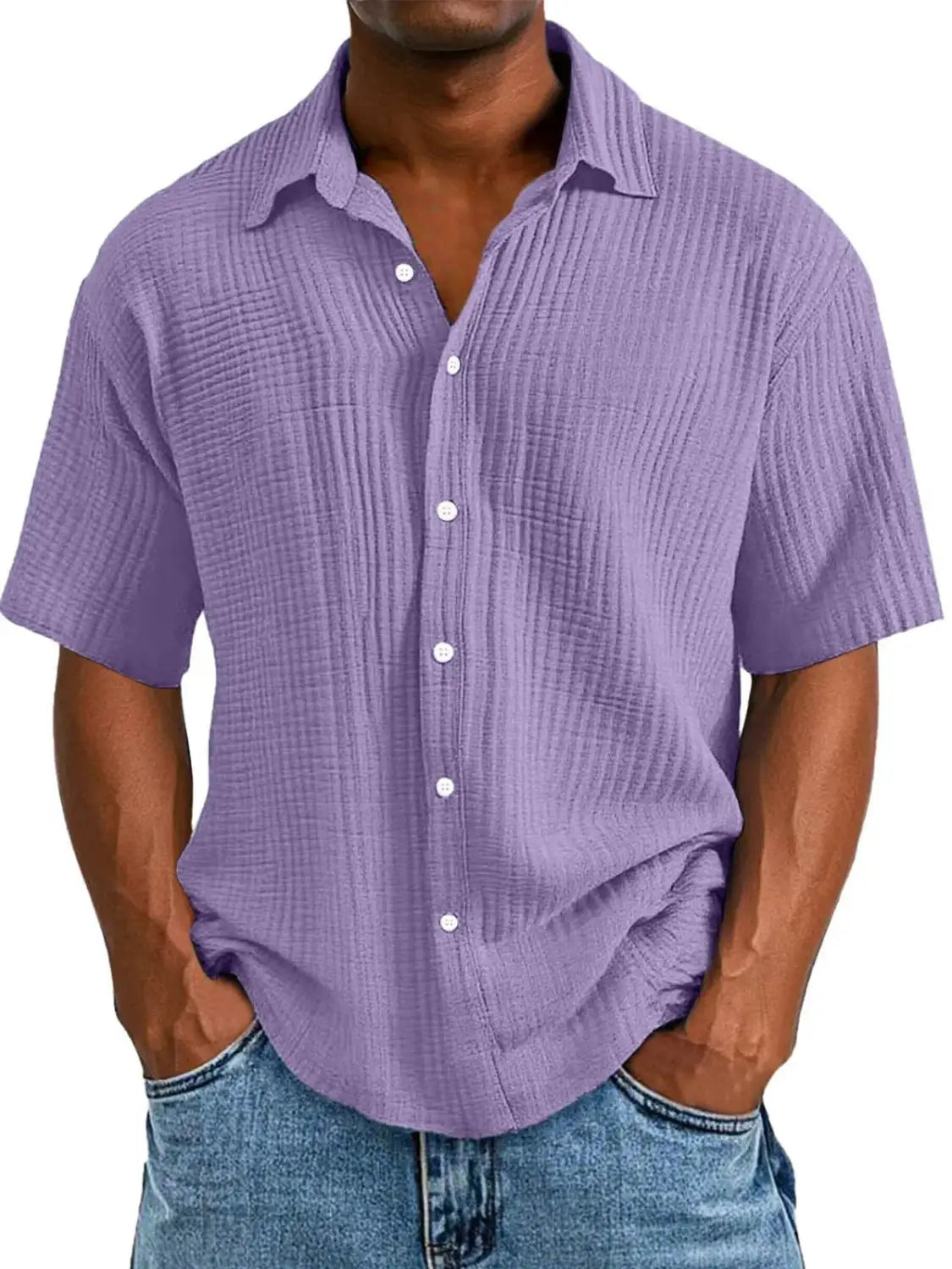 Men’s textured short sleeve button up shirt in lavender with ribbed fabric and white buttons.