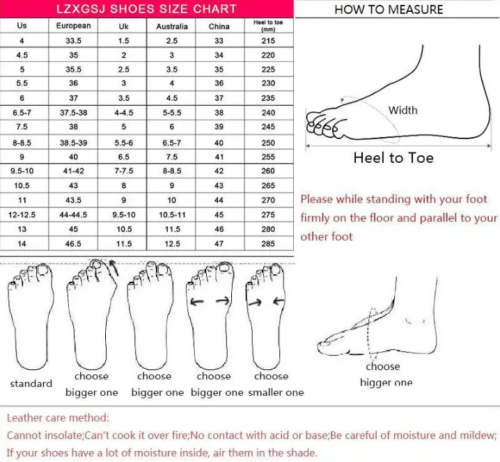 The image shows a shoe size chart for the brand lzxgsj with us european uk australia and china size conversions and measuring instructions for womens tassel leather beach sandals in black and cream.