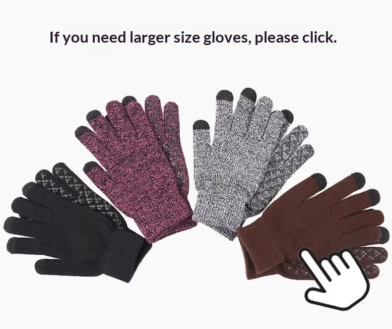 Set aus vier Touchscreen-Wollhandschuhen für den Winter in Schwarz, Bordeaux, Grau und Braun mit strukturiertem Strickgewebe und verstärkten Fingerspitzen.
