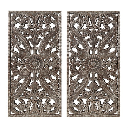 Pair of ornate dark metallic carved wood wall decor panels featuring intricate floral and leaf botanical designs in a distressed finish.