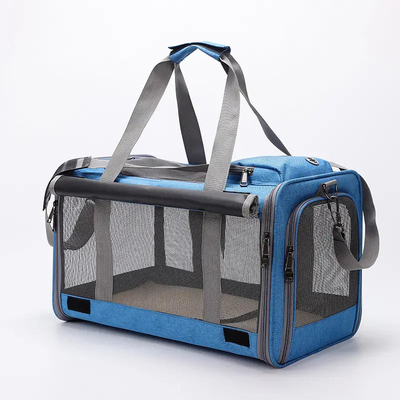 Blue breathable oxford pet carrier shoulder bag with gray mesh sides and handles featuring a durable fabric exterior