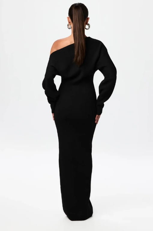 Black off shoulder long sleeve knitted bodycon maxi dress with a fitted silhouette made from knit fabric.