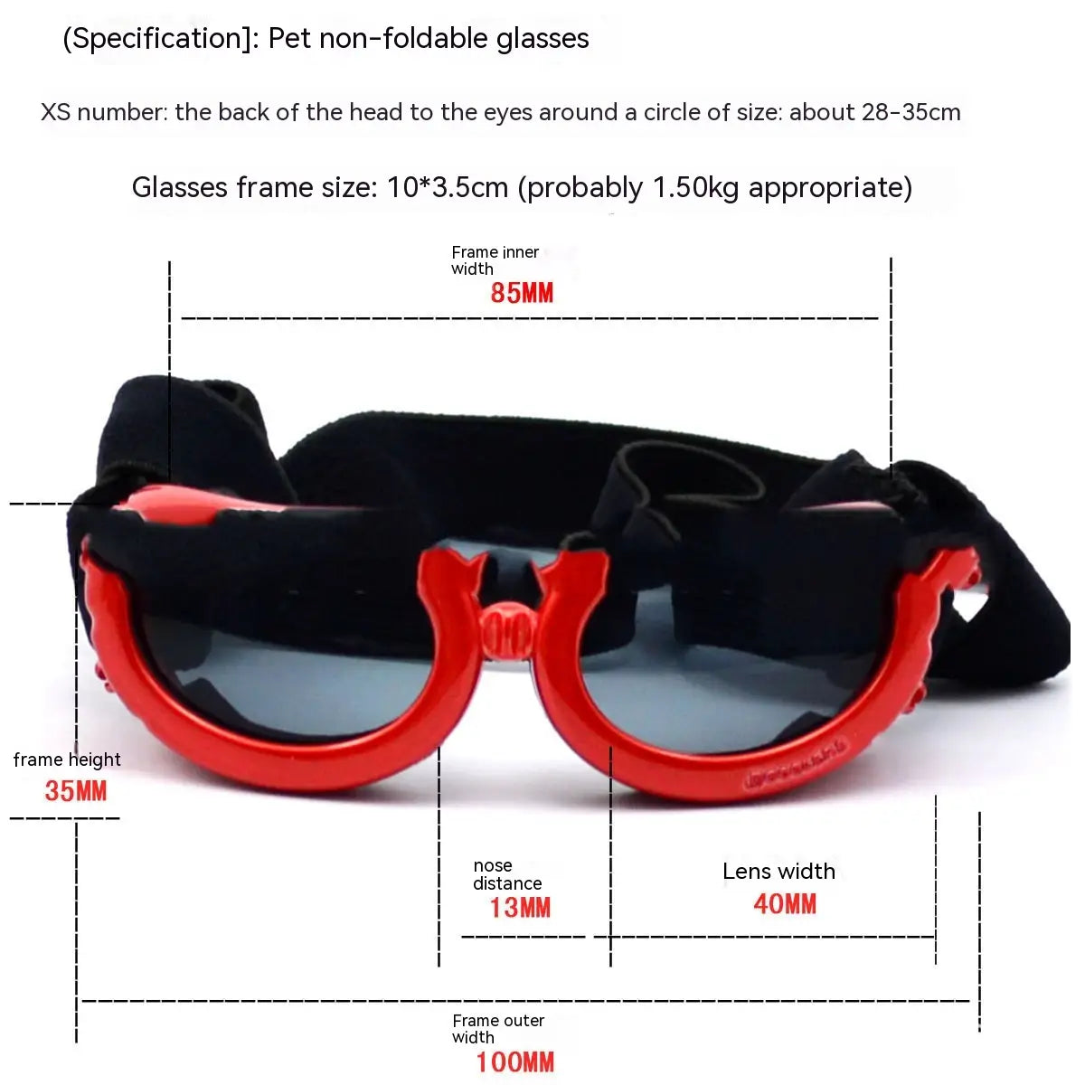 red plastic-framed dog goggles with uv protection dark tinted lenses and a black adjustable strap for pet safety