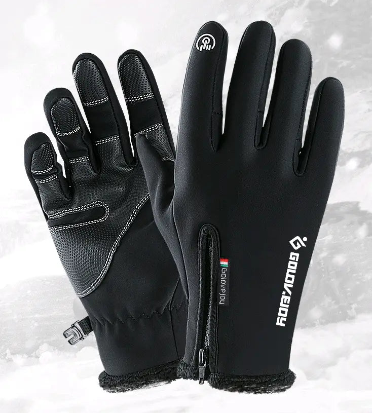 black winter motorcycle gloves with thermal touchscreen capability reinforced fingertips a zipper pocket and gowyond brand logo on the wrist showing the back side
