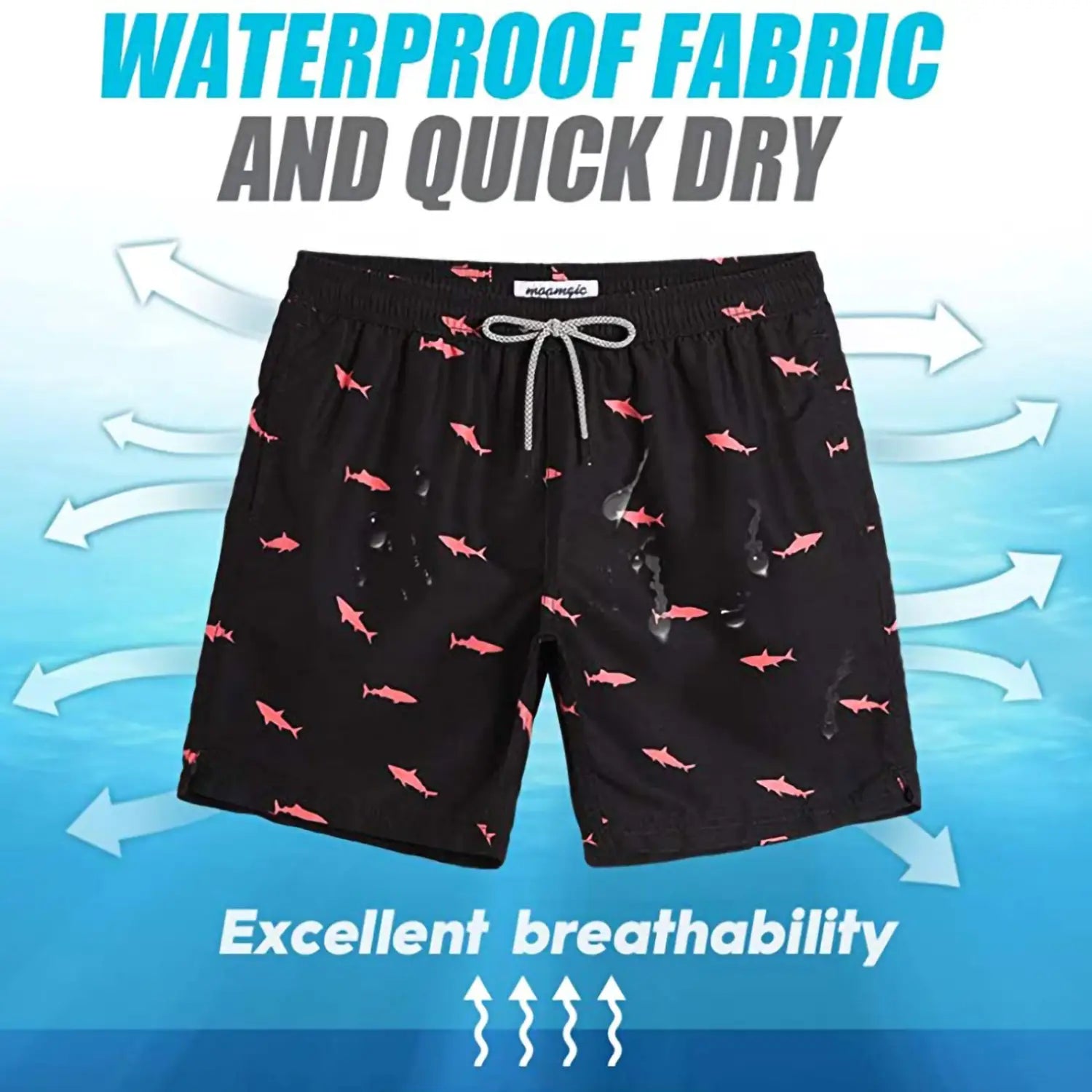 Shorts de bain noirs pour hommes avec un imprimé de requin rose, fabriqués dans un tissu imperméable et à séchage rapide.