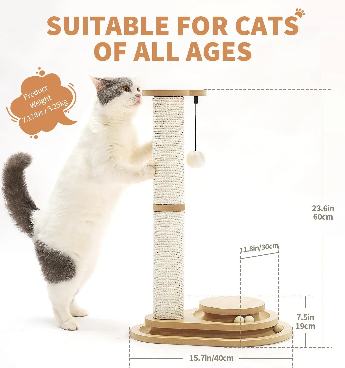 Cute modern wooden cat scratching post with beige sisal rope wrapping and a dangling white ball toy.