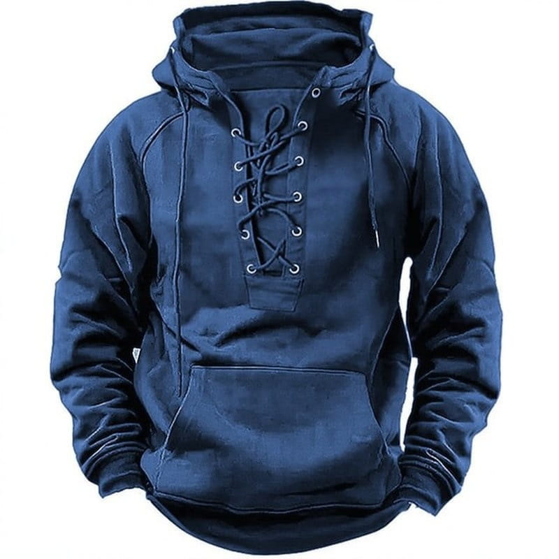 Dark blue men’s lace up cotton pullover hoodie with a kangaroo pocket and a hood.