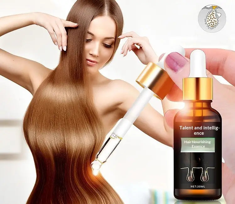 Un frasco elegante de vidrio ámbar con un tapón cuentagotas de tono dorado y una pipeta blanca, rotulado con la esencia nutritiva para el cabello «talento e inteligencia»; contiene 30 ml de sérum para el crecimiento del cabello con aceites esenciales.